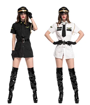 Sort Hvid Sexede Kvinder Pilot Kostumer Voksen Kvinde Gøre Op Part Fancy Kjole Stewardesse Uniform Cosplay Passer Halloween Kostumer