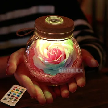 Led-Romantiske Rosa Blomst Nat Lys Heldig Flaske RGB Lampe Med Lysdæmper 16 Farve Fjernbetjening Ferie Gave Til Kæreste Pige Soveværelse Indretning