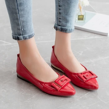 ZHUISE Kvinders sko efteråret 2020 nye patent læder alsidig lavvandede munden læder koreansk rød flade, bløde tunge sko