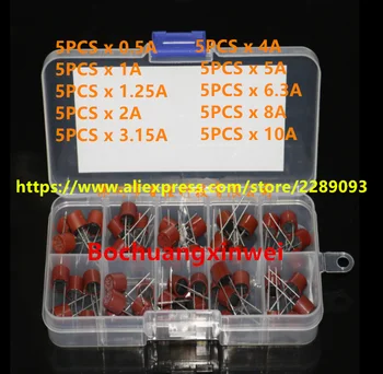 50STK T0.5 - T10A 250V 0,5 A 1A 1,25 A 2A 3,15 A 4A 5A 6,3 A 8A 10A Runde Radial Føre Sikringer Kit 382 TR5 LCD-TV Power Sikring Pakke
