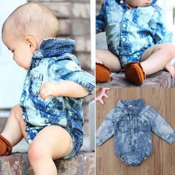 Pudcoco Nyfødte Barn Baby Dreng Denim Tøj med Lange Ærmer-Knappen Up Krave Bodysuit Outfits 0-24 måneder Helen115