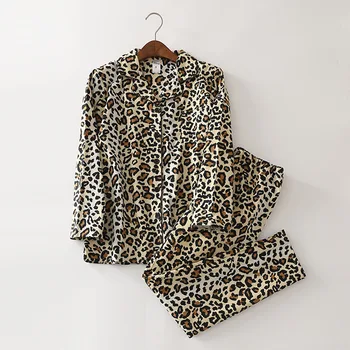 Vinteren Bomuld, Uld, Dame langærmet Nattøj Hjem Passer til Udskrivning Pyjamas Loungewear Kvinder, Pijama Mujer Leopard 2-stykke