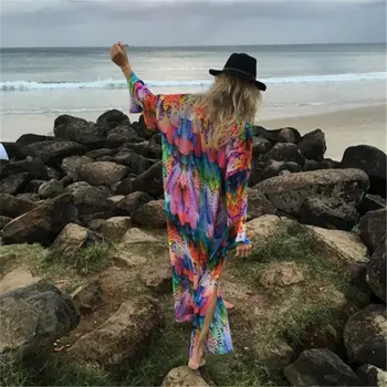 Tropiske Print, Farverige Chiffon Stranden Kimono Plus Size Langt Ærme Front Åbne Sexet Gennemsigtig Sommer Kvinder Løs Cardigan N600