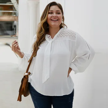 Plus Size Hvid Bluse Shirt Kvinder 2019 Mode Sommeren Bue Krave Lanterne Langærmet Lace Patchwork Tunika Damer Kontor Bluse