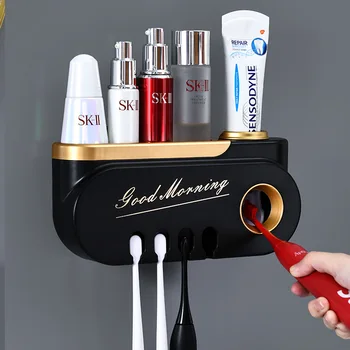 Multi-hængende tandbørsteholder Automatisk Tandpasta Squeezer Dispenser Makeup Storage Rack Til Badeværelse Tilbehør Sæt
