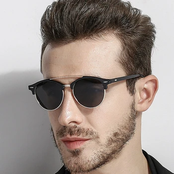 HBK Vintage Runde Polarizd Solbriller Mænd, Kvinder Mode Dobbelt Bro Nitte Design solbriller til mænd Unisex Udendørs Nuancer