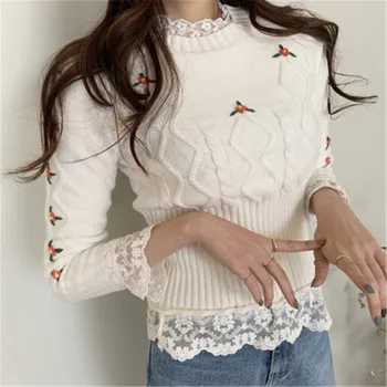 2020 Nye Kvinder ' S Sweater Koreansk Stil Broderet Hvidt Kludetæppe Blonder Korte Stramme Bunden Strikket Casual Pullovere Top