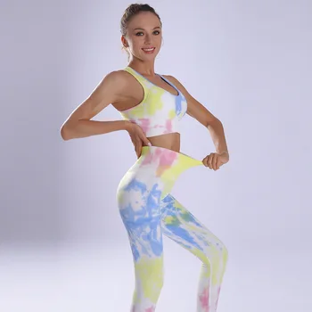 Kvinder Yoga Sportstøj Problemfri Løb Passer Grøn+ Blå Tie Dye Fitnesscenter Aktiv Tøj, Høj Talje, Mave Kontrol Bukser Fitness-Sæt