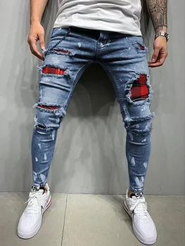Mænd er slidte Jeans Mode Grid Tigger Patches Slim Fit Stretch casual Denim Blyant Bukser maleri Jogging bukser
