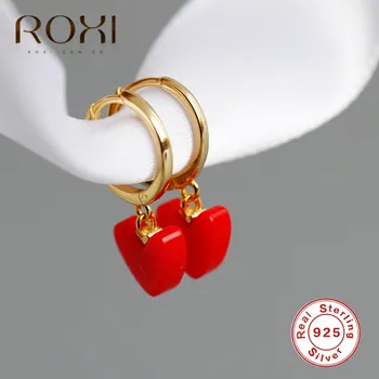ROXI, som koreanere Erklæring Red Heart Øreringe af 925 Sterling Sølv Geometriske Cirlce Hjertet Dingle Drop Øreringe Til Kvinder Smykker Gaver