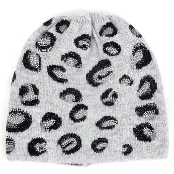 Geebro Fashion Vinter Kvinder Leopard Printet Rhinestone Strik Hat 2019 Efteråret og Vinteren Ny Hæklet Varm Skullies Unisex Caps