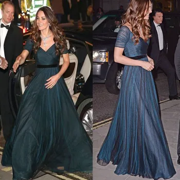 Kate Middleton Celebrity Kjoler Navy Blå Chiffon En linje Formel Kjole Med Korte Ærmer Elegante Gulv-Længde вечерние платья