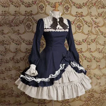Palace vintage søde lolita kjole høj krave flare ærmet sløjfeknude blonder victoriansk kjole kawaii pige gothic lolita op loli cos