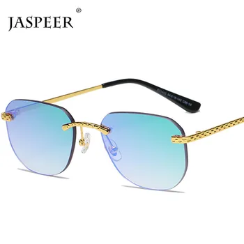 JASPEER Uindfattede Briller Kvinder Farverige Spejl Solbriller Til Mænd Retro-Pladsen UV400 Metal Guld Framless Nuancer Brand Designer