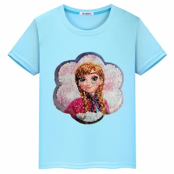 Ny stil prinsesse flip pailletter sommer pige bomuld T-shirt kort ærme rund hals kids tøj piger i 8 til 12