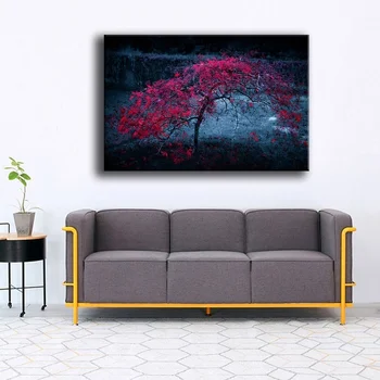 Lærred Maleri Væg Kunst Til Stuen 1 Stykke Pink Ensomme Træ I Mørke Natur Plakat Home Decor Trykt Landskab