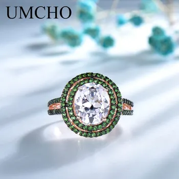UMCHO S925 Sterling Sølv Cubic Zircon Indlæg Smaragd Ring Ægte Fine Smykker Til Kvinder
