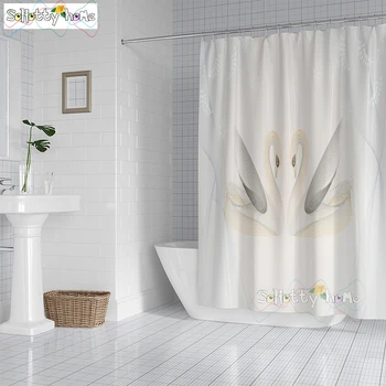 Badeforhæng Med Kroge, Badeværelse Vandtæt, Komfortabel og Elegant Par Swan Stirre 3d-Print Dyr Gardiner Til Badeværelset