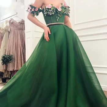 Off Skulder gallakjoler 2020 Kæreste Håndlavede Blomster A-Linje, Emerald Grøn Kjole til Aften i Dubai arabisk Party Kjole
