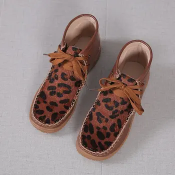 2020 Ny Runde Hoved Leopard Print Læder Støvler 2020 Vinter Ankle Støvler til Kvinder med Flad Bund Lace-Up Størrelsen 43 Kvinder Sko