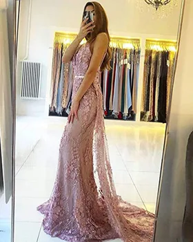 Mermaid Prom Dress 2020 Sexy V hals Ryg-Blonde Pynt Aften Kjole med Aftagelig Trail Dubai Formel Kjole