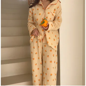 Sweet Orange Trykt Pyjamas Kvinder Bomuld koreansk Japansk Nattøj 2stk Turn-down Krave Casual Homewear Trøje+Bukser Suir S666
