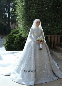 Paillet Blonder Muslimske brudekjoler Høj hals Tørklæde abito da sposa Dubai arabisk Bryllup Kjole Brude Kjole