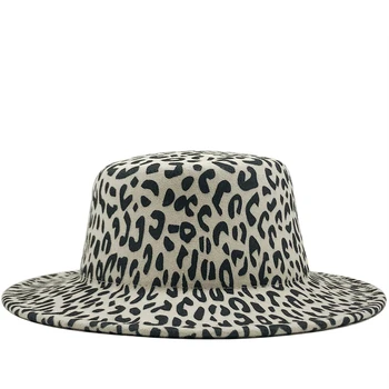Nye Wide Brim Leopard Print Flad Top Uld Fedora Filt Hat Til Kvinder, Efterår og Vinter Skipper Jazz Cap Sort band