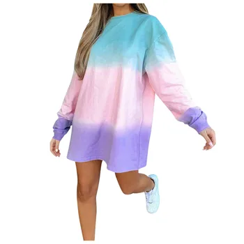 2020 Casual Tie Dye Print Lang Sweatshirt Kvinder oversize langærmet hættetrøje O-Hals Mini Kjole Kvindelige Løs Lige Sweatshirt