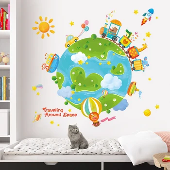 Kreativ rejse rundt i verden wallsticker til børneværelset dekoration selvklæbende tegnefilm klistermærker hjem indretning soveværelse wall decor