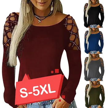5 Farver Bluse Og Skjorte Kvinder Efteråret 2019 Nye Lady langærmet Tee Shirt, Toppe Plus Size Hule Ud Kvindelige Bluser Top 5XL D35