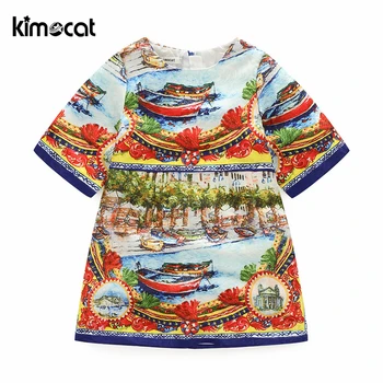 Kimocat Sommer Piger Kjole vintage Kinesiske toldmyndigheder blæk maleri udskrivning Prinsesse Prom Party børn tøj kostume til børn
