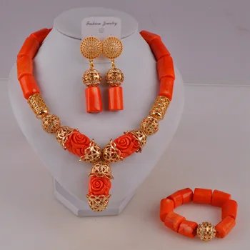 Afrikanske sæt perler smykker naturlige koral halskæde orange koral smykker sæt til nigeriansk bryllup