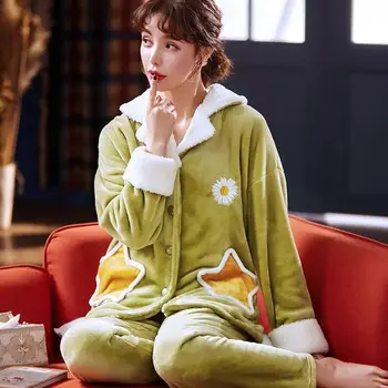 Sexet Grønne Pyjamas Kvinders Flannel Sex Varm Vinter Nattøj Sæt Kvinder Tegnefilm Pyjamas Sæt Knappen Full Sleeve Shirt Bukser Homewear