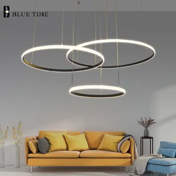 Nyt Design Moderne Led Lysekrone Lys Cirkel Ringe Til stuen Hvid Sort Ramme PVC Lampeskærm Led Hjem lysarmaturer