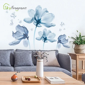 Romantisk blå blomster wallsticker stue, soveværelse indretning hjem baggrund wall decor selvklæbende klistermærker, room dekoration