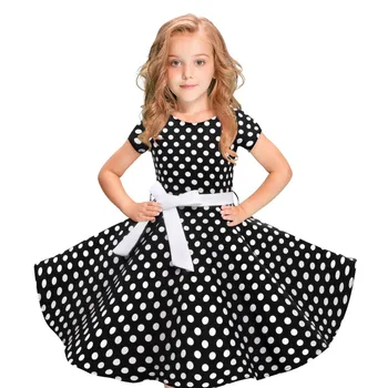 (2Y-12Y) Børns korte ærmer polka dot blonder retro kjole pige retro kjole polka dot prinsesse swing Rockabilly aften S4