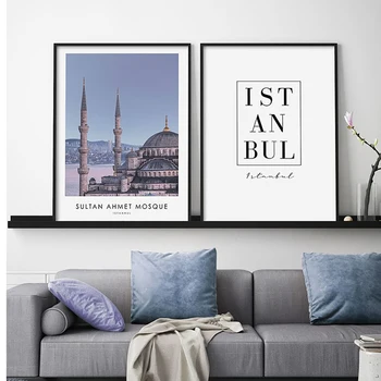 Arkitektur Moské Guld Marmorering Istanbul Kort Lærred Maleri Væg Kunst Print Plakat Billeder til stuen Hjem Dekoration