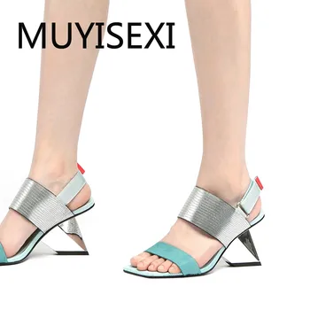 Natural læder blandet farver peep toe 7,5 cm unikke høje hæle kvinder sandaler mærke sko sommeren HL206 MUYISEXI