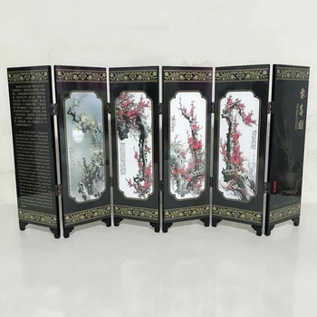 Mini Rumdeler Folde Skærmen 6 Panel Trykte Lærred Bordplade Oriental Asian Udsigt Hjem Dekoration Gave Bryllup Dekoration