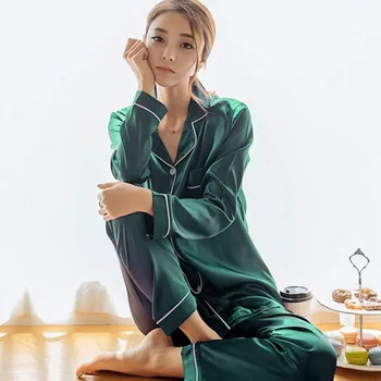 JULI SANG Kvinder Faux Silke Satin Pyjamas Sæt med Lange Ærmer Nattøj, Pyjamas, der Passer Kvindelige Sove 2 Stykke Efterår og Vinter Homewear
