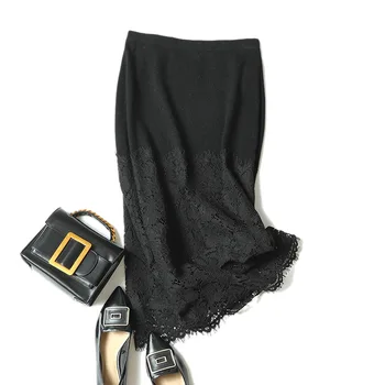 Cashmere lace-nederdel kvinder fashion forår, efterår elegant sort nederdel