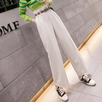 2020 ny koreansk stil Hong Kong style vilde høj talje med bælte bred ben bukser pantalones mujer cinture alta