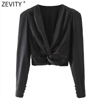 Zevity 2021 Kvinder Sexy Deep V Hals Knyttede Kort Bluse med Smock Kære Puff Ærmer Satin Skjorte Smarte Hem Elastisk Blusas Toppe LS7628