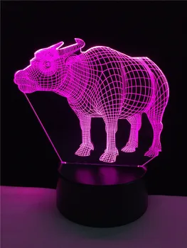 Dyr Buffalo Kvæg Ko 3D-Lampe LED-USB-Humør Fade Nat Lys Flerfarvet Tryk eller Fjernbetjening Luminaria Ændre Tabel Home Decor