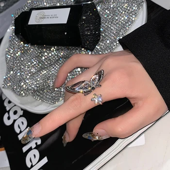 Hot sælger mode smykker overdrevet uregelmæssige glas krystal sommerfugl blomst åbning justerbar kvindelige prom party ringe