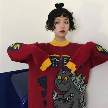 Harajuku Mode Strikket Kvinder Sweater Tegnefilm Monster Broderi Studerende Sweater Frakke Løs Retro Hit Farve Pullover Sweater