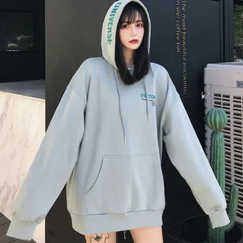 Hættetrøjer Kvinder Lang Trykte Brev Smarte koreansk Stil BF Harajuku Retro Trøjer Hætteklædte Studerende Forår Streetwear Dame Fritid