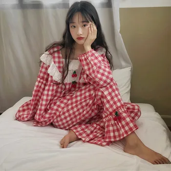 Kawaii bløde piger prinsesse cherry lace applique patchwork frilly ternet pyjamas top og pants sæt nattøj for kvinder pyjamas sæt