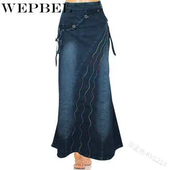 WEPBEL Kvinders Mode Vintage Lang Denim Nederdel med Høj Talje, Lomme Flæser Havfrue Maxi Nederdel Plus Size Jean Nederdele S-3XL